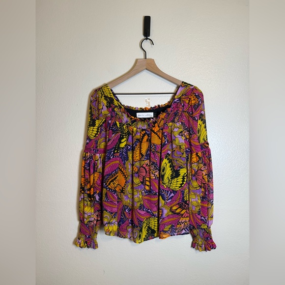Anthropologie‎ Alexandra Farmer Puff Sleeve Floral Butterfly Blouse - Picture 2 of 6